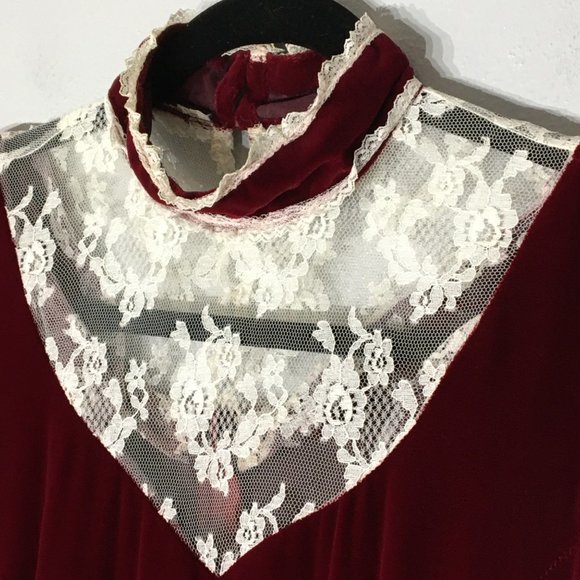 Vintage 60s 70s Victorian Velvet Maroon Maxi Dress, High Lace Neck, Steampunk - Picture 7 of 11